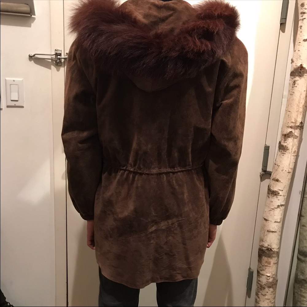 Genuine Leather Fox Fur Parka Hooded Suede Coat XS - Picture 1 of 4